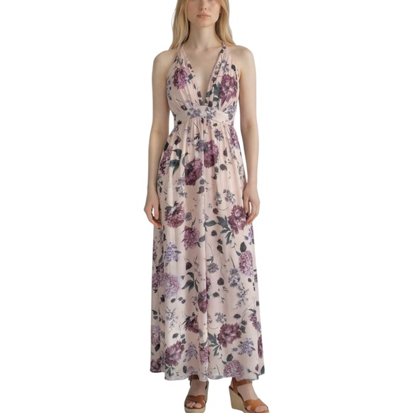 SHEIN Dresses & Skirts - 4/$20 SHEIN VCAY Apricot Floral Plunging Neck Crisscross Backless Maxi Dress Lrg